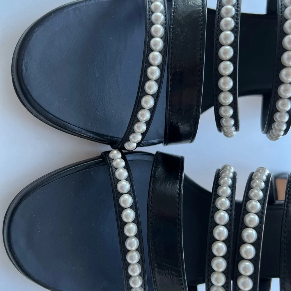 CHANEL Black Pearl-Embellished Strappy Block Heel Sandals